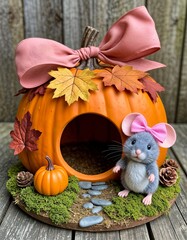 Cute mouse standing beside a pumpkin house adorned with autumn leaves  