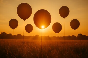 Golden hour celebration balloons floating above a field, radiating warmth and joy for birthdays, anniversaries, and special occasions