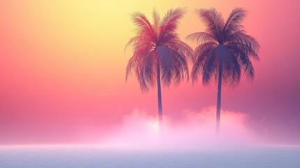 Two silhouetted palm trees against a vibrant, dreamy, pink and orange sunset over water