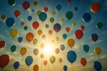 Celebrate with vibrant balloons floating against a stunning sky, perfect for birthdays, parties, and joyous events that capture the spirit of fun and happiness