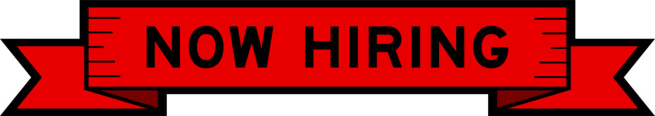Ribbon label banner with word now hiring in red color on white background