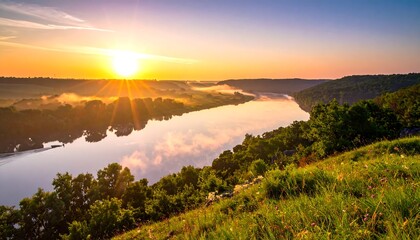 Obraz premium Panoramic vista featuring a serene river flowing between lush green hills. The sun rises, casting warm light, creating a tranquil scene