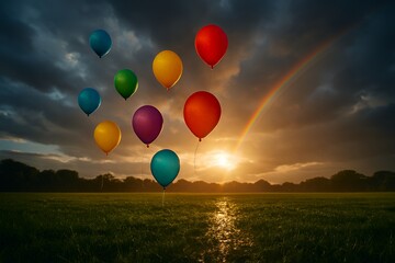 Magical rainbow sunset over lush field with colorful balloons floating, perfect for celebration, joy, and positive message concepts and dreamy backgrounds