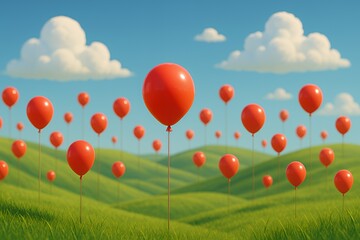 Dreamy field of red balloons floating under a sunny sky, perfect for birthday celebrations, summer events, or joyful announcements, bringing feelings of freedom.