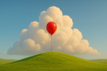 Vibrant red balloon floats serenely above a lush green hill against a dramatic sky filled with fluffy clouds, symbolizing hope and aspiration.