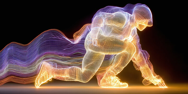 Dynamic luminous human form radiating powerful energy and illustrating the concept of speed, futuristic performance, and unlimited human potential in a digital art style