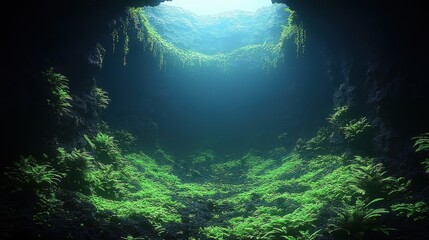 Lush, sunlit cavern with a natural skylight, verdant plants cascading down dark walls