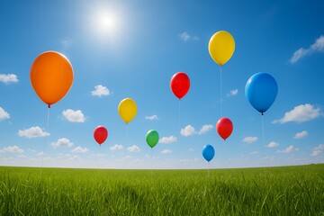 Vibrant balloons float joyfully across a bright blue sky above a lush green meadow, symbolizing freedom and celebration under the warm sun.