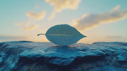 Single green leaf rests on a stone, illuminated by a sunrise/sunset sky