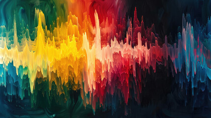 Obraz premium Vibrant color spectrum soundwave abstract with energetic distorted waves in red, yellow, and green tones
