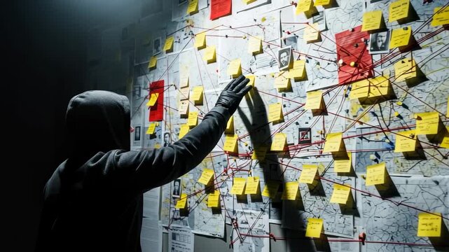 Detective analyzes complex case board with photos, maps, and notes, uncovering clues in dramatic lighting, 4k high quality