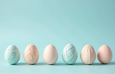 delicate arrangement intricately decorated eggs soft pastel hues placed serene pale blue background inviting minimalistic