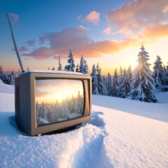 TV In Winter Forest with Sunset View.