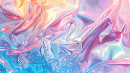 Holographic crumpled foil abstract with iridescent pink and blue reflective textures