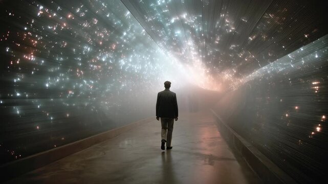 Mysterious businessman walking through a dark. Futuristic tunnel illuminated by thousands of sparkling lights. Representing innovation. Connection. The metaverse. And the path to a new digital future - Powered by Adobe