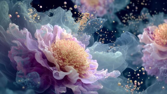 Surreal abstract peony flowers made of translucent fabric floating slowly in a dark liquid environment, with golden bubbles and ethereal smoke creating a dreamy and artistic visual effect