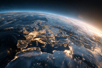 Naklejka premium Satellite view of planet Earth showing rotation and illuminated cities at night, concept of global movement