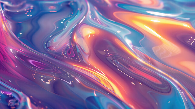 Iridescent holographic liquid abstract flow with glossy waves in purple and gold tones