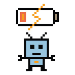 Cartoon pixel art of humanoid robot learning toy robotic engineer bot machine business vector character automation electronic background 8 bit artificial intelligence concept.