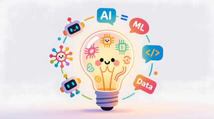 A vibrant lightbulb contains circuitry and is surrounded by AI, ML, and Coding icons, symbolizing intelligent innovation.
