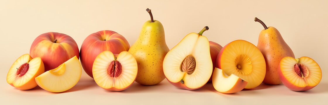 cluster vibrant organic shapes comprising sliced peaches pears muted colors soft pastel beige background captured