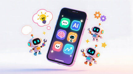 A cute mobile phone displays smart app icons while mini robots float around, symbolizing innovation and convenience.
