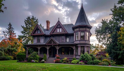 Victorian House with Autumn Landscape, and Cloudy Sky.