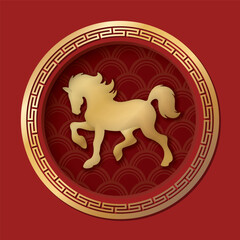 Golden horse symbol in circle frame Chinese style on red square background.