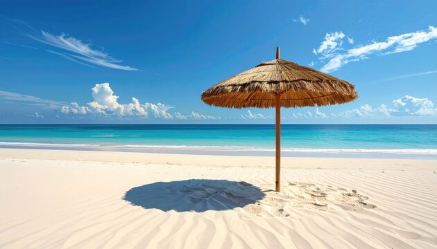 A Sunny Day On The Beach With A Straw Umbrella Overlooking The Turquoise Ocean Under A Clear Blue Sky With Wispy Clouds