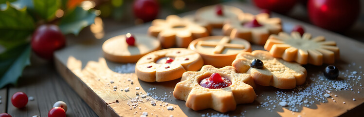 shot whimsical cookie collage rustic wooden table bathed warm winter sunlight soft shadows amidst scattering