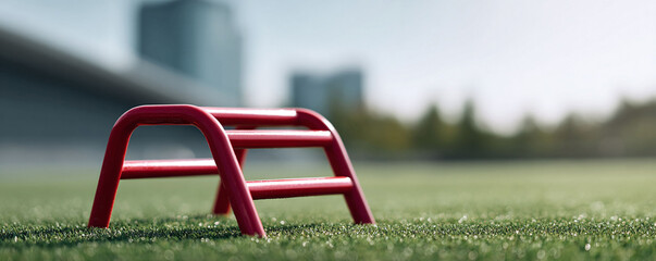 Red agility hurdle on turf. Symbol of sports, challenge, and achievement. Excellent for athletic training, fitness, or motivational concepts.