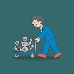 Cartoon Businessman Pushing Cart with Robots Illustration