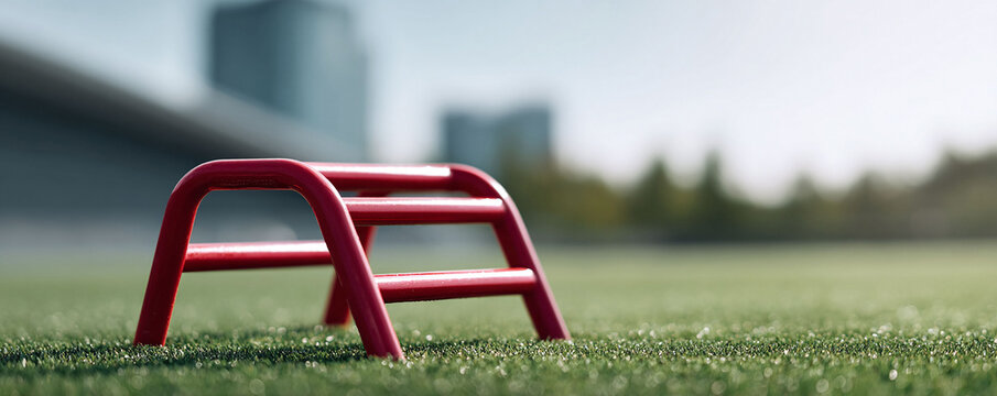 Red agility hurdle on turf. Symbol of sports, challenge, and achievement. Excellent for athletic training, fitness, or motivational concepts.