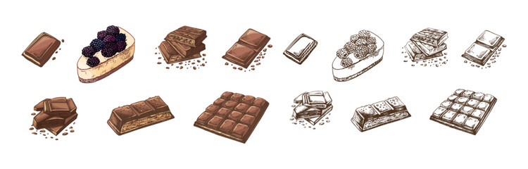 Hand drawn vintage sketch of chocolate bars and blackberry cheesecake in color and monochrome version, isolated vector illustration