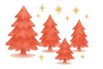 Watercolor christmas trees standing in snow with sparkling stars, winter holiday season illustration on transparent background