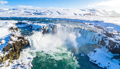 Waterfall in Winter Landscape.