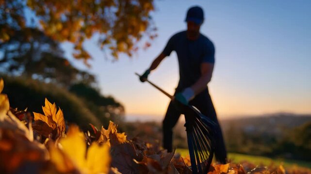 50Richly textured autumn leaves filling foreground, faint silhouette of person raking in glowing background, captured in warm golden fall afternoon light