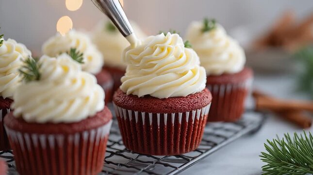 Baker skillfully pipes cream cheese frosting onto red velvet cupcakes, showcasing intricate rosettes, with a soft focus on festive background elements, camera zooms in for detail