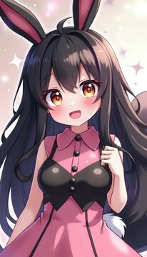 Seorang gadis berambut hitam panjang mengenakan gaun merah muda dan telinga kelinci.