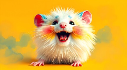 Cute Fluffy White Cartoon Creature with Bright Blue Eyes and Rosy Cheeks, Smiling Adorably Against Vibrant Yellow Background, Whimsical CGI Character with Playful and Joyful Expression.
