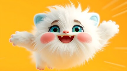 Cute Fluffy White Cartoon Creature with Bright Blue Eyes and Rosy Cheeks, Smiling Adorably Against Vibrant Yellow Background, Whimsical CGI Character with Playful and Joyful Expression.