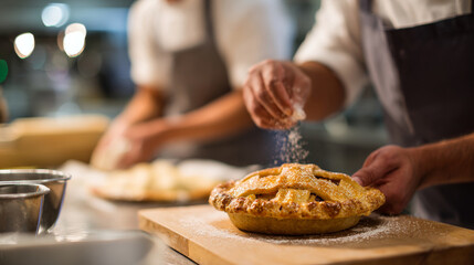 Close-up of baker sprinkling powdered sugar on freshly baked lattice-top pie in professional kitchen setting with blurred background