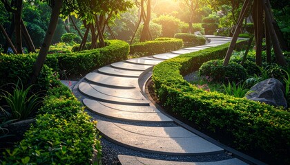 Winding stone path through lush green garden.