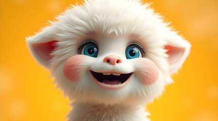 Cute Fluffy White Cartoon Creature with Bright Blue Eyes and Rosy Cheeks, Smiling Adorably Against Vibrant Yellow Background, Whimsical CGI Character with Playful and Joyful Expression.
