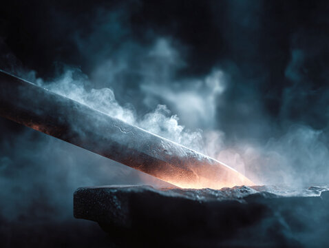Glowing hot metalwork, a blade being forged on an anvil. Powerful imagery for concepts like industry, strength, creation, and perseverance. Evokes craftsmanship.