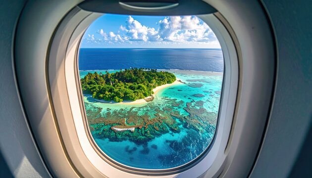 Fototapeta Aerial View Of A Tropical Island Paradise With Lush Green Trees And Crystal Clear Turquoise Waters Seen Through An Airplane Window