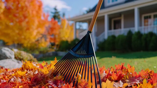 58Close-up of rake tines combing through vivid orange and yellow autumn leaves, sunlight sparkling on dry foliage, suburban houses faintly blurred in background