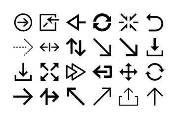 Arrows glyph icon set. Directional symbols, navigation pointers, up down left right arrows, rotation, reload, and move icons. User interface, flow, and More. Editable stroke. Vector illustration.