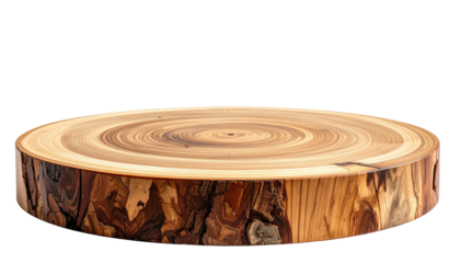 Circular wood slice with rings, bark edge against black backdrop