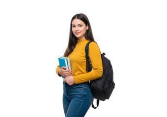 Smiling Young Female Student in Yellow Top and Blue Jeans Holding Books and Backpack, Confidently Posing, isolated on transparent background